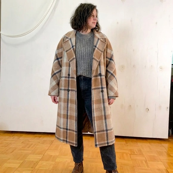 Everlane Italian ReWool Wool Peacoat Winter Coat Jacket Brown Plaid Size 12 - Picture 1 of 9